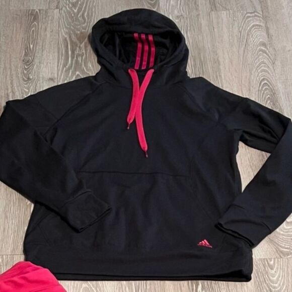 Y2K Adidas Black Pink Fleece Sweatshirt Hoodie L - Picture 1 of 8